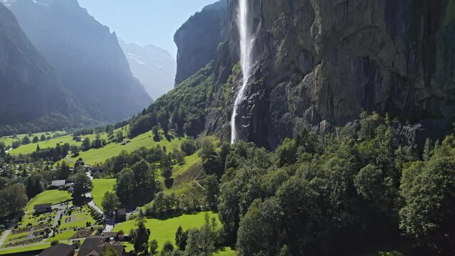 Flight near Staubbach Fall (Staubbachfall) waterfall in Lauterbrunnen, Switzerland