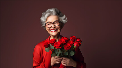 grand mère qui reçoit un bouquet de roses rouges - obrazy, fototapety, plakaty