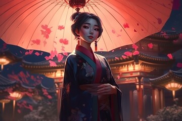 Fototapeta premium illustration, asian woman in traditional japanese clothes