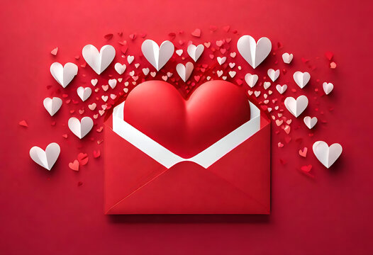 Many hearts pop up from love letter envelope on minimal red background. Valentines day and Invitation greeting card concept. Digital art illustration