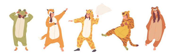 Fototapeta premium Happy teenager children wearing cute cozy warm kigurumi pajamas set isolated on white background