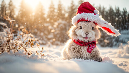 Cute cartoon rabbit in a snowy meadow