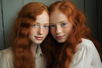 Generative AI portrait picture of two happy smiling foxy hair girls sisters twins