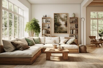 Cozy living space with white walls, wood furnishings, and earthy green and brown accents. Generative AI