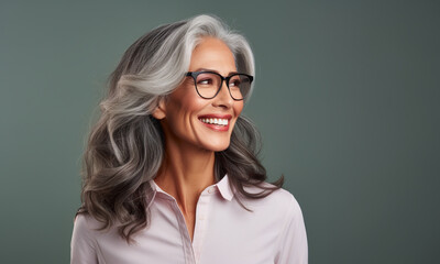 Retrato de una mujer latina madura, con canas, sonriendo, con apariencia saludable y vitalidad, usando una blusa blanca y gafas, posando en un estudio fotográfico con fondo de color - obrazy, fototapety, plakaty