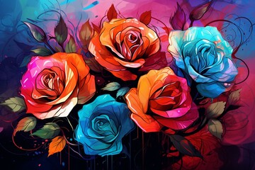 Vibrant roses sketched on colorful backdrop. Generative AI
