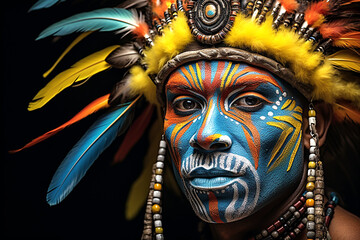 Close-up Of Indian Man With Multi Colored Face Paint wearing feather headdress on dark background