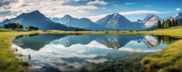 A Scenic Water Reservoir: A Lake Reflecting Majestic Mountains and Grassy Shores, Symbolizing the Importance of Freshwater in the World and the Growing Concern of Water Scarcity