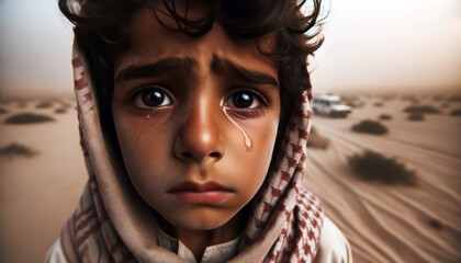 Arabian boy in the Middle East, with sand-streaked cheeks, looking towards with tears - obrazy, fototapety, plakaty