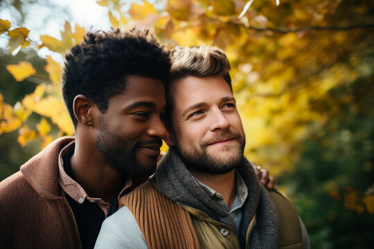 Generative AI photo portrait of male friends lgbt models couple photographing together in summer forest