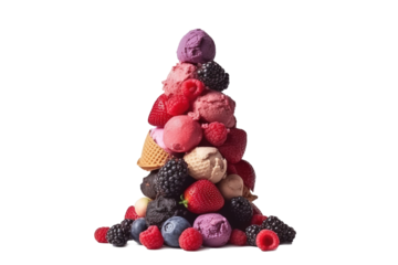 Big high pile berries in shape of ice cream, assorted of ice cream scoops with cones in row, Sweet icecream like chocolate, lemon, lime, almond, strawberries, vanilla, without background, png