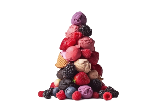 Big high pile berries in shape of ice cream, assorted of ice cream scoops with cones in row, Sweet icecream like chocolate, lemon, lime, almond, strawberries, vanilla, without background, png
