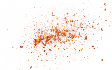 Spicy chili red pepper flakes, chopped, milled dry paprika pile isolated on white, top view