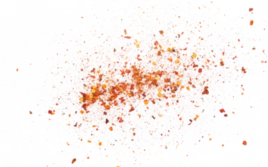 Gardinen Chilischoten Spicy chili red pepper flakes, chopped, milled dry paprika pile isolated on white, top view  © dule964