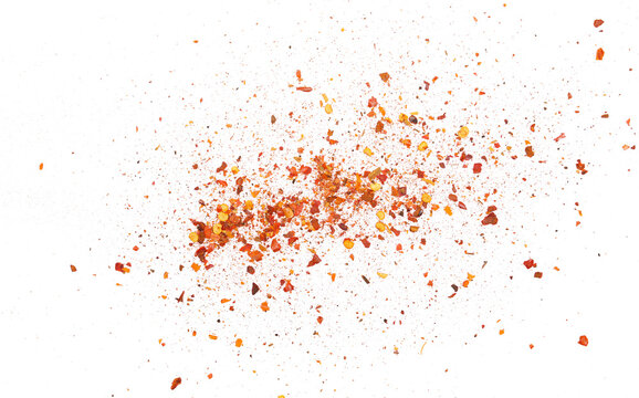 Spicy chili red pepper flakes, chopped, milled dry paprika pile isolated on white, top view