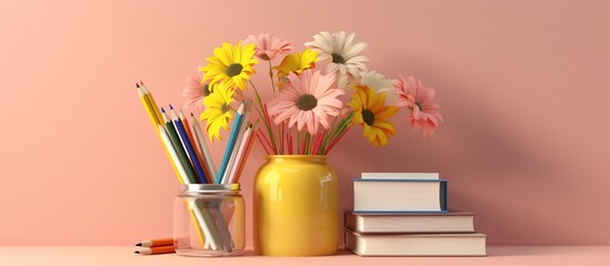 notebook and pencil on table with floral bookmark
