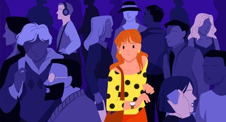 Sad girl lost in city crowd vector illustration. Cartoon depressed teen introvert feeling burnout, anxiety and loneliness due to social indifference, young unhappy woman with emotional problems