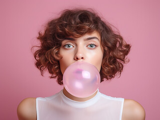 woman with hair blowing bubbles