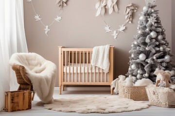 Christmas decor modern living interior of a baby room