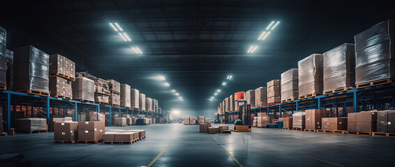 A Large long Logistics Warehouse Filled With boxes - obrazy, fototapety, plakaty