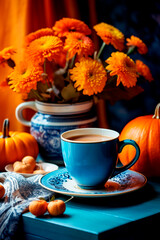 blue coffee cup rests on a table and orange pumpkins. Autumn background