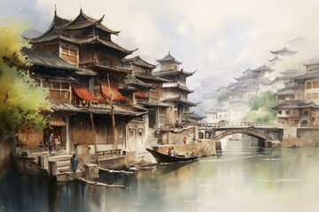Watercolor painting of a cityscape in China with a river boat, bridge, and charming buildings. Generative AI