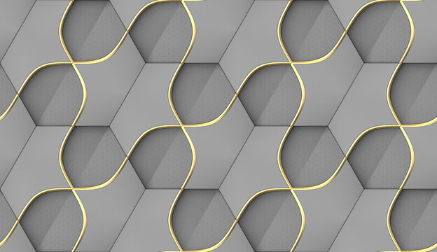 3D illustration of hexagon tiles with relief materials
