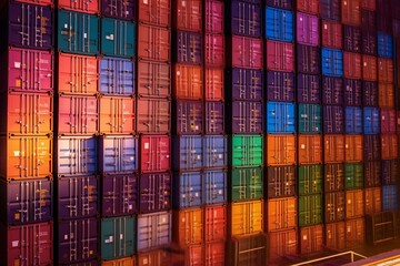 Arranged containers on storage shelves at a shipping bay. Generative AI