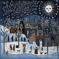 Winter in a small blue village with snow