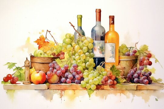 Panoramic wine and grapes painting for kitchen skinali, in watercolor. Generative AI