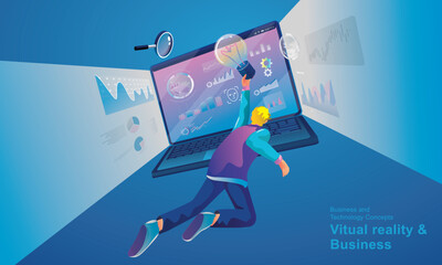 A man wearing a VR headset floating in cyberspace. Simulation of the virtual digital world for business with entertainment and visual experience in the metaverse. Flat vector illustration