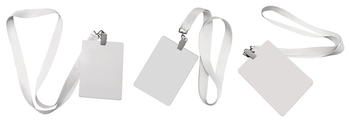 Set. Plastic badge. ID card with white ribbon. Template designed for employees and guests of company. Can be used for shows, events, concerts and performances. Or for speakers and organizers. - obrazy, fototapety, plakaty