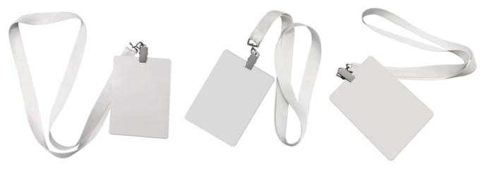 Set. Plastic badge. ID card with white ribbon. Template designed for employees and guests of company. Can be used for shows, events, concerts and performances. Or for speakers and organizers.