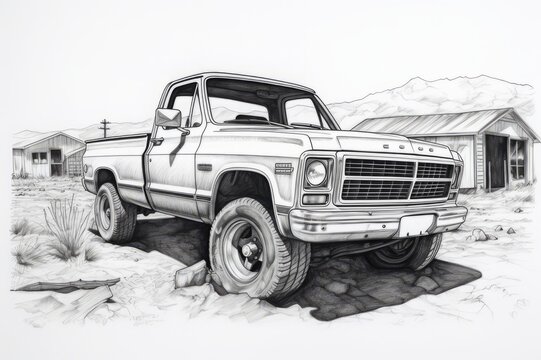 Off road vehicle drawing style image. Country side working truck.