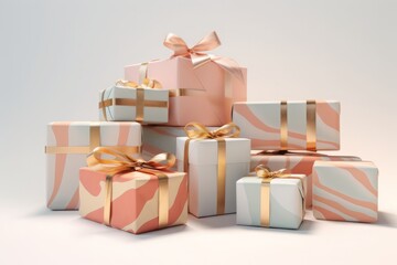 Obraz premium Holiday gift boxes in pastel colors with gold ribbon. Christmas or birthday background.
