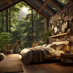 A room in a mountain cabin with a view of trees in a dense forest. Vacation, nature, escape.