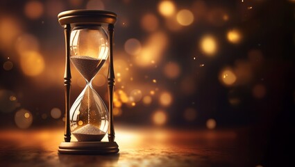 Old traditional hourglass with blurred lights on brown background and empty copy space. Time passing minimal creative concept.
