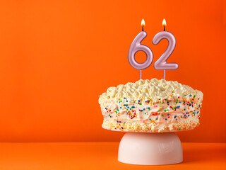 Birthday card with candle number 62 - Vanilla cake in orange background