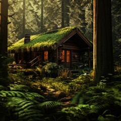 A rustic cabin in the deep forest with a roof covered with green moss.