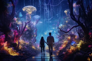 A man and his daughter walk in a three-dimensional holographic underwater museum observing corals and marine life. Abstract futuristic technology concept. 
