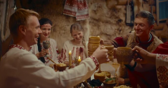 ancient Slavic party and friends meeting, people in historical suits clinking goblets, 4K, Prores
