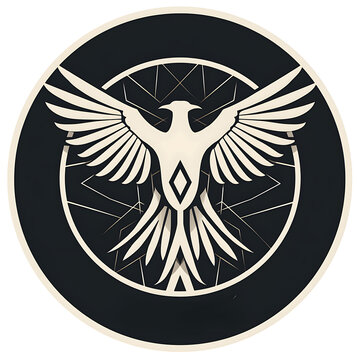 minimalist twin-headed bird emblem with black and white circles