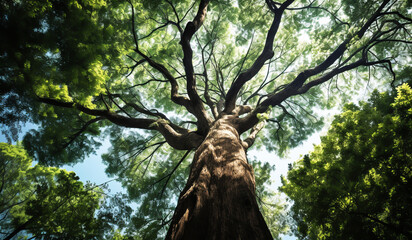 Naklejka premium Huge tree in the forest, seen from below. AI generated