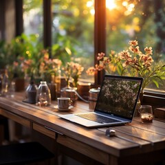 Naklejka na ściany i meble A wooden desk with plants and a laptop