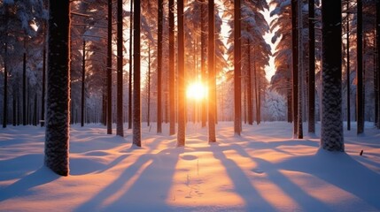 Sunset in the wood in winter period 