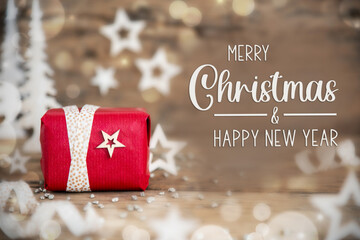 Text Merry Christmas And Happy New Year, With Christmas Gift, Winter Background