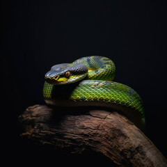 close-up portrait of green snake on black background, generative ai