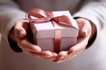 Beautiful pastel pink gift box in female hands. Close up. Birthday, Christmas or New Year present.