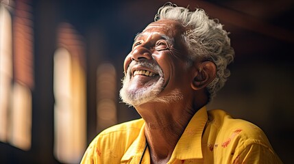 Elderly model, whose joyous laughter is a testament to his zest for life. His spirit is infectious. Happy senior.  - obrazy, fototapety, plakaty