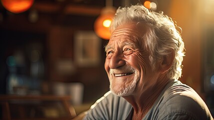 Handsome elderly model chuckling, his expressive eyes conveying his jovial mood. Male senior model.  - obrazy, fototapety, plakaty